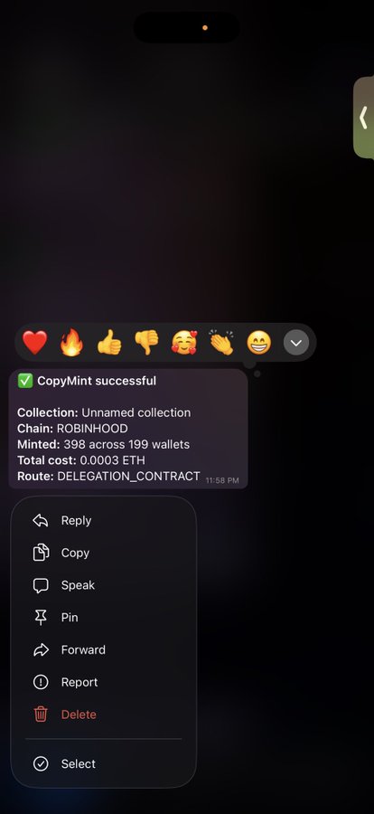 A Telegram screenshot shows a message confirming a CopyMint operation on the ROBINHOOD chain, which minted 398 items across 199 wallets for a total cost of 0.0003 ETH via a delegation contract—a detail that highlights the automated, multi-wallet trading activity referenced in the caption about "who you're trading against."