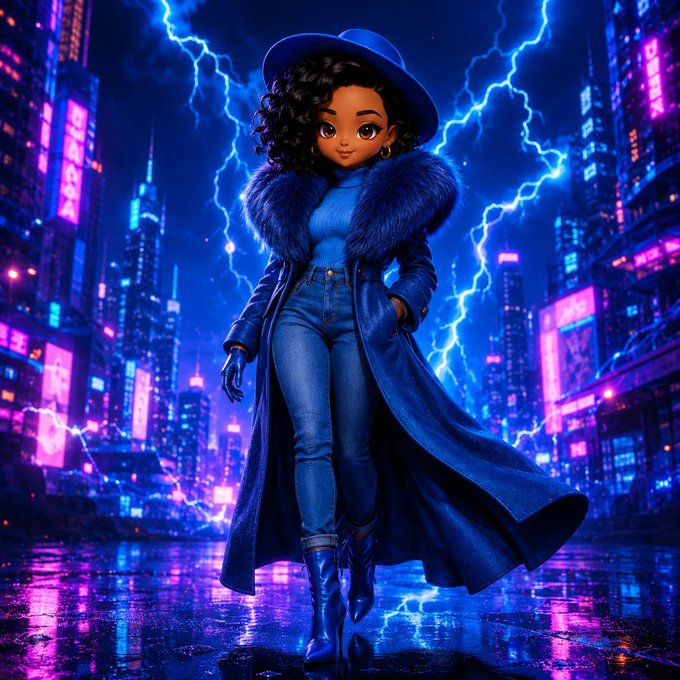 A stylish figure stands confidently in a dramatic blue coat and wide-brimmed hat against a neon-lit cityscape with striking lightning bolts, embodying boldness and readiness. The electrifying, powerful energy of the scene mirrors the post's message about stepping into the new week prepared and poised for opportunity.