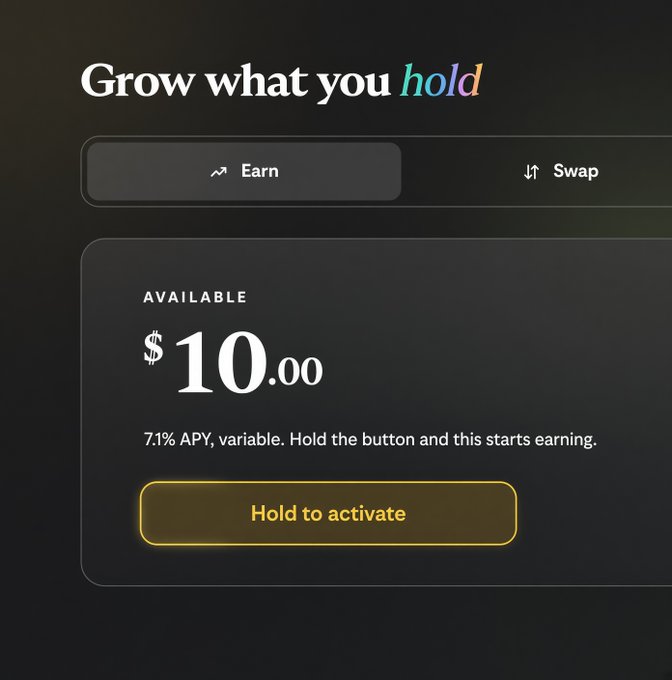 A dark-themed crypto app interface titled "Grow what you hold" displays an available balance of $10.00 with a 7.1% variable APY and a yellow "Hold to activate" button for earning features. This previews the Artisan beta interface being promoted in the post ahead of its limited waitlist launch next month.