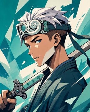 An anime-style illustration of a young man with silver hair wearing a decorative headband and carrying a sword over his shoulder, set against a blue background.