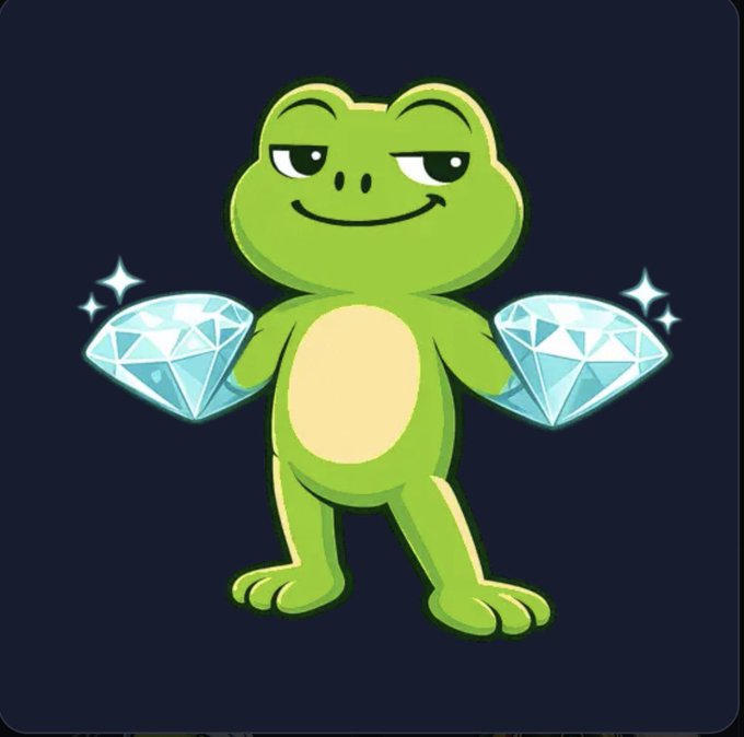 A cartoon green frog mascot with a smug expression holding two large sparkling diamonds against a dark background.
