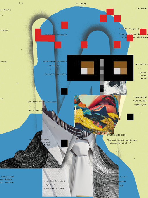 An artistic collage featuring a blue, robot-like figure wearing pixelated sunglasses, with a classical drawing of a face below it, overlaid with various text fragments like 'UI decay' and 'R3C08R fragment'.