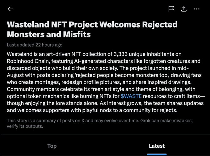 A news article screenshot titled 'Wasteland NFT Project Welcomes Rejected Monsters and Misfits,' describing an art-driven NFT collection of 3,333 AI-generated characters on Robinhood Chain, featuring $WASTE token mechanics and community engagement.