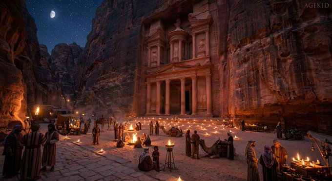 A nighttime scene depicts a crowd gathered before the Treasury at Petra, illuminated by numerous candles and torches under a crescent moon, with "IMAGEKID" watermarked in the corner.