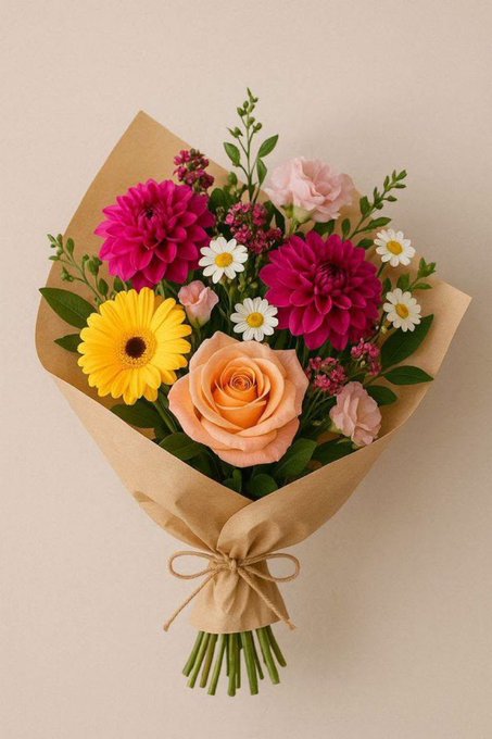 A vibrant bouquet of flowers wrapped in brown kraft paper, featuring pink and magenta dahlias, a yellow gerbera daisy, peach and pink roses, white daisies, and small purple blooms.