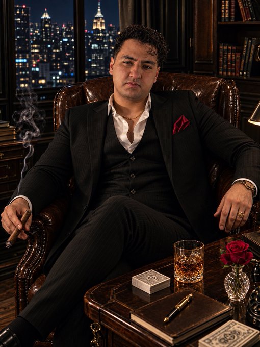 A man in a black pinstripe suit with a red pocket square lounges in a leather chair against a nighttime city skyline, holding a smoldering cigar beside a whiskey glass, a rose, and a deck of cards on a wooden table. The image fits the "$50 AI image contest" post, as it appears to be an AI-generated or edited stylized portrait ideal for creative reinterpretation.