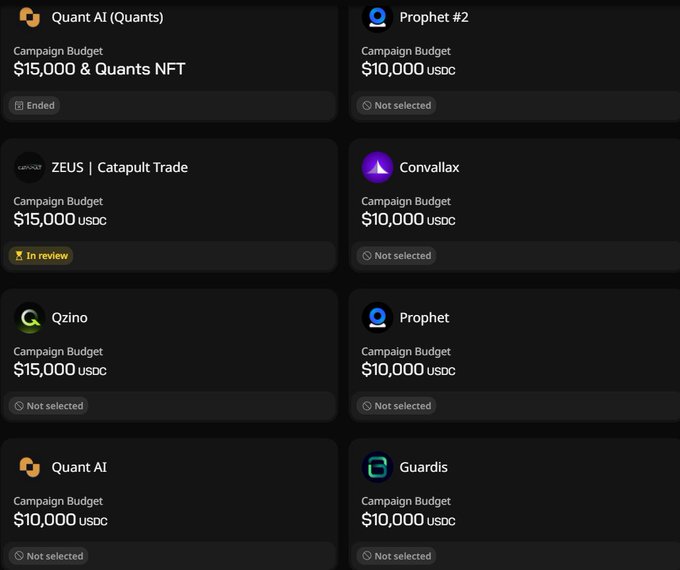A dashboard displaying campaign budgets for various crypto projects, including Quant AI (Quants) at $15,000 & Quants NFT (Ended), ZEUS | Catapult Trade at $15,000 USDC (In review), Qzino at $15,000 USDC, Propher at $10,000 USDC, Quant AI at $10,000 USDC, Convlax, Propher #2, and Guardis, most marked as 'Not selected'.
