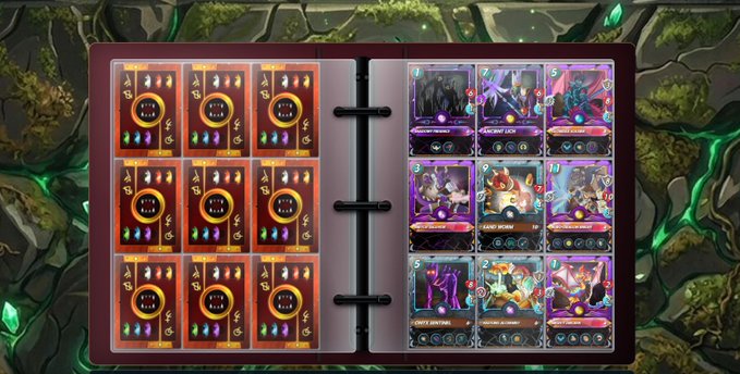 A digital card collection interface showing orange and purple fantasy-themed trading cards arranged in two pages of a virtual album.
