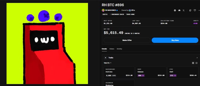 An NFT marketplace listing for "RH BTC #896" by RH MACHINES is shown, priced at $5,615.49 ETH (≈2.6 months of earnings), with a best offer of $4,398.00, illustrating the high price the "machines" collection recently sold for in ETH.