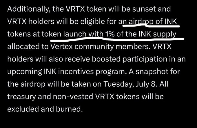 An image of a tweet from Ink discussing VRTX token sunsetting and INK token airdrop details.