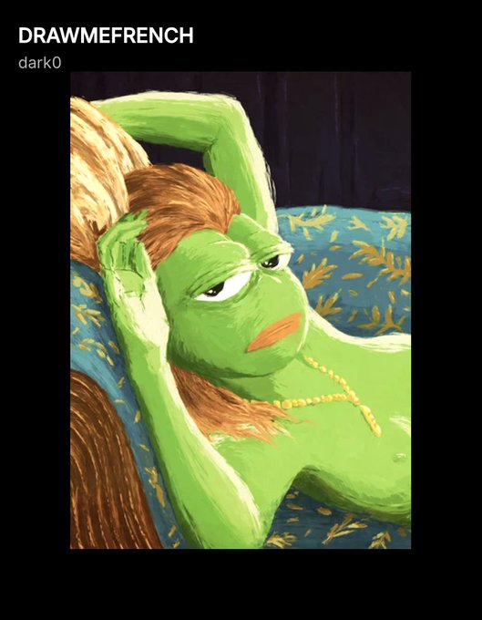 Digital artwork titled 'DRAWMEFRENCH' by dark0 depicting a green-skinned character with orange hair lying on a patterned blue couch.