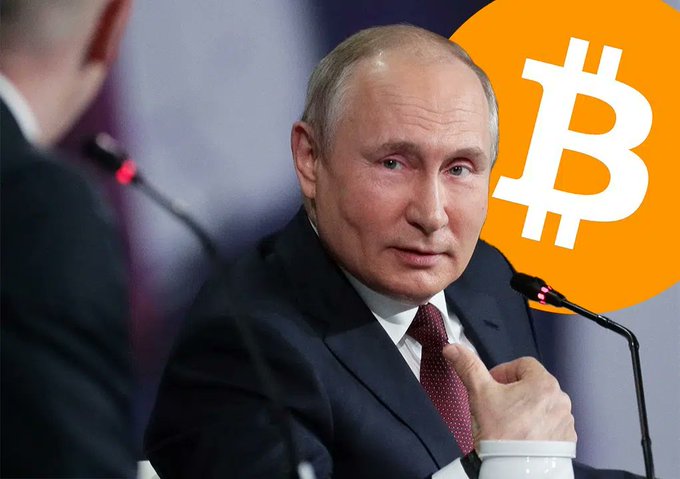 Russian President Vladimir Putin's endorsement is symbolized by the Bitcoin logo superimposed on his image. This visual signifies Russia's new law permitting cryptocurrencies in foreign trade contracts.