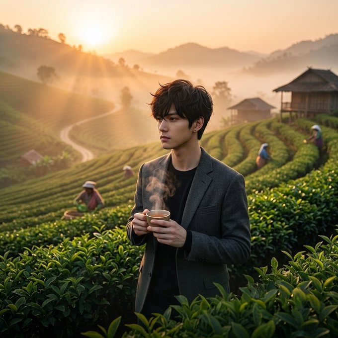 A young Asian man in a gray blazer holding a steaming cup of tea stands in a lush green tea plantation at sunrise, with misty mountains, farmers harvesting, and traditional huts in the background.