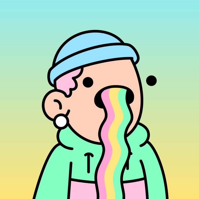 A cartoon character wearing a blue beanie and green hoodie, with colorful rainbow liquid spewing out of its mouth.