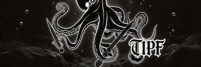 The image features an octopus holding a sword in its tentacles, with the word "TIPF" written above it. Below this, there's text that reads "Friends, I've recently been following @TIPF_AI 's launch of TIPF_AI, a mining game on Solana. The core mechanic is rounds of 25 blocks, with on-chain VRF randomly selecting a winning block. The pools are divided by risk preference." This image seems to be related to the post about TIPF AI's new mining game or event.