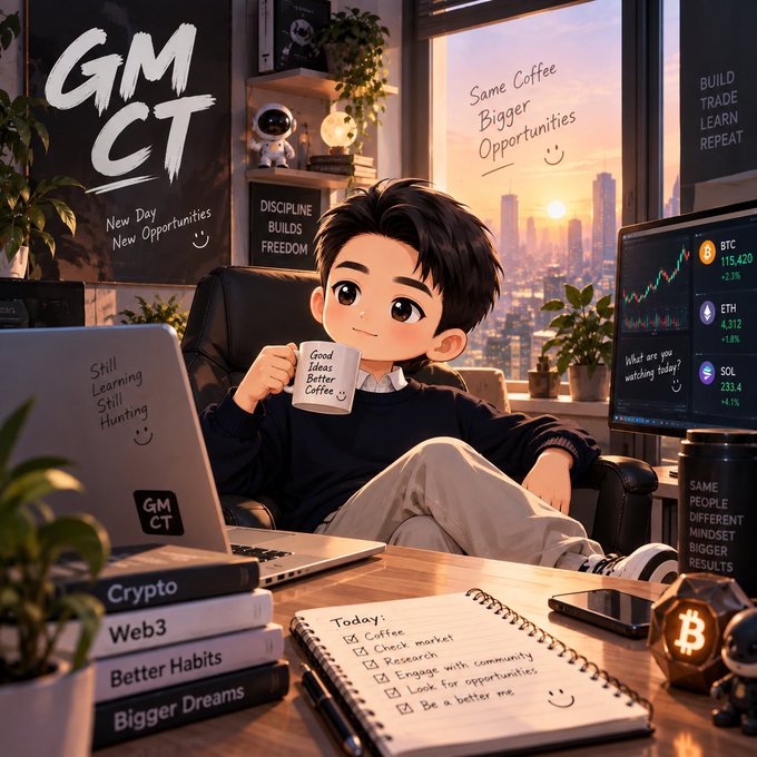 An anime-style illustration shows a young man relaxing in a chair with a laptop, surrounded by motivational text including 'GM CT', 'New Day New Opportunities', 'DISCIPLINE BUILDS FREEDOM', 'Same Coffee Bigger Opportunities', 'BUILD TRADE LEARN REPEAT', 'Still Learning Still Hunting', 'Good Ideas Better Coffee', 'What are you watching today?', and 'SAME PEOPLE DIFFERENT MINDSET BIGGER RESULTS', along with cryptocurrency charts for BTC, ETH, and SOL, and books titled 'Crypto', 'Web3', 'Better Habits', and 'Bigger Dreams'.