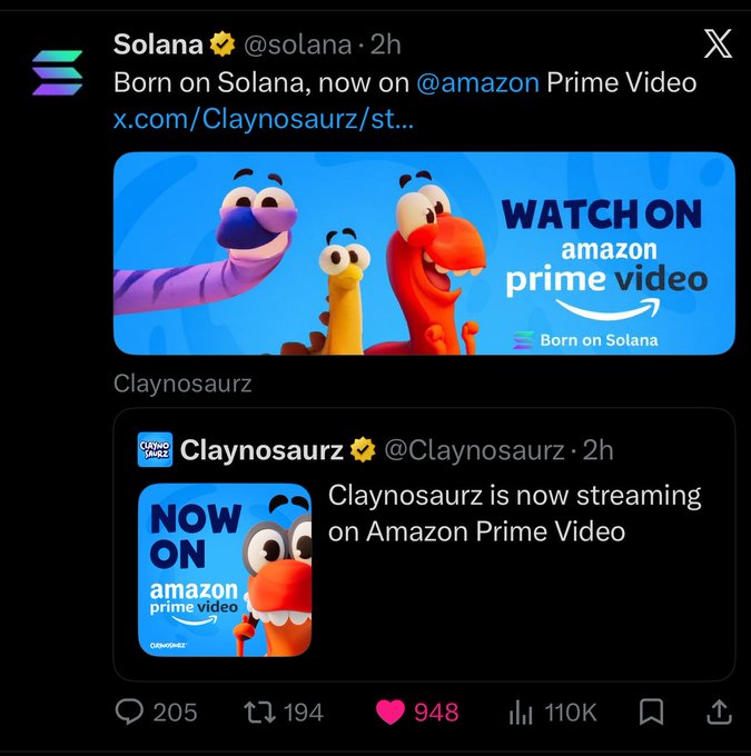 A Twitter post from @solana announcing 'Born on Solana, now on @amazon Prime Video,' featuring colorful characters and a retweet from @Claynosaurz with 205 comments, 194 retweets, 948 likes, and 110K views.