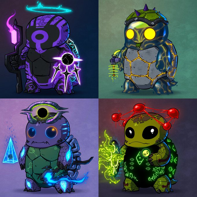 Four chibi-style turtle characters, each with distinct cosmic and mystical designs featuring glowing neon accents, halos, horns, and magical weapons, representing alien-like beings who have befriended the "Gobburt" character in the crypto-themed post about $HBAR.