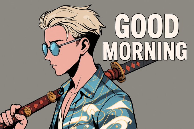An anime-style illustration of a blonde-haired man with blue sunglasses and a katana on his back, wearing a teal patterned shirt, with the text 'GOOD MORNING' beside him.