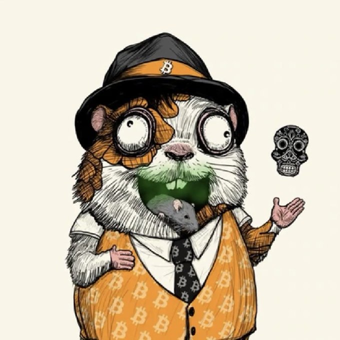 An illustration of a cartoon hamster character wearing a black hat with a Bitcoin logo, an orange Bitcoin-patterned suit, and holding a small sugar skull, with a smaller hamster visible in its mouth.