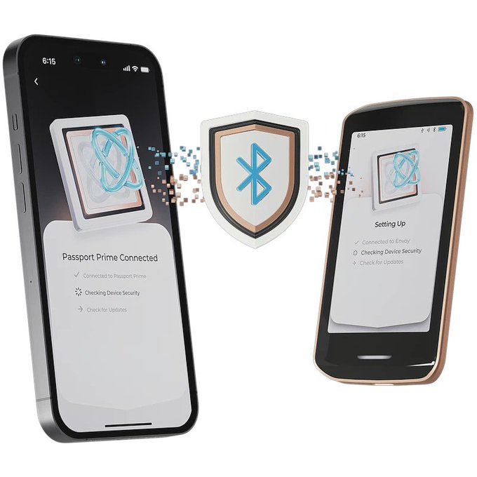 The image shows two smartphones displaying the "Passport Prime Connected" and "Setting Up" screens, linked by a shield icon with a Bluetooth symbol, visually representing the QuantumLink's secure BLE connection. The interface highlights "Connected to Passport Prime" and "Checking Device Security," reinforcing the post's emphasis on encrypted, trustworthy Bluetooth communication between the Passport Prime hardware wallet and Envoy app.