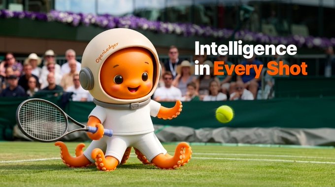 A cute octopus mascot wearing "OpenLedger" gear swings a tennis racket on a grass court at Wimbledon, with the text "Intelligence in Every Shot" displayed—illustrating the post's message that on-chain agents, like elite tennis players, thrive by combining continuous interpretation of changing conditions with precise execution.
