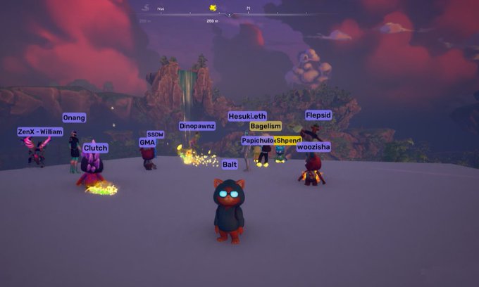 A video game scene showing multiple player characters with name tags like "ZenX - William," "Clutch," "Hesuki.eth," and "Balt" on a sandy landscape at sunset.