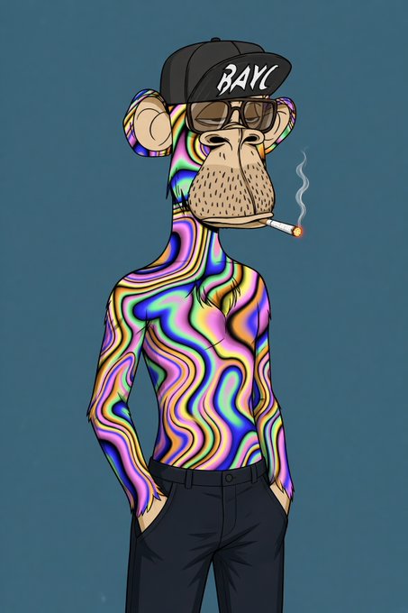 A colorful illustration of a muscular monkey wearing sunglasses and a black cap that says 'BAYC', smoking a cigarette.