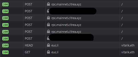 A dark log interface shows multiple successful '200' POST responses to 'rpc.mainnet.citrea.xyz' and GET requests to 'eu.li'.