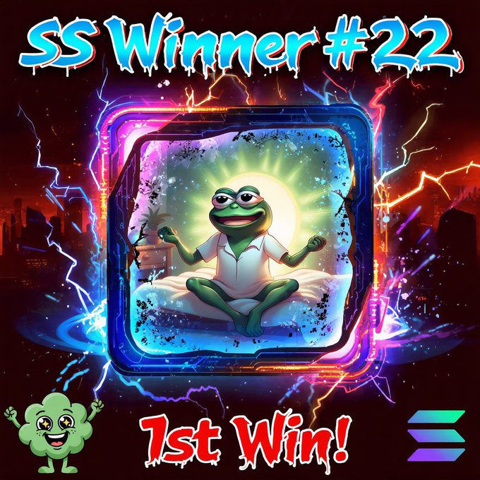 The image features a cartoon frog that appears to be smiling and sitting on a bed, surrounded by various other objects. The scene seems to be set in a dark room or an artistic painting, with bright colors and flashing lights around the frog. At the bottom of the image, there's a message stating "SMURF SPOTLIGHT V2 WINNER! Day #22 1st Win!". This indicates that the winning player on day 22 has reached a milestone or won in some way within this particular game session. The text includes instructions for how to follow the winner, and it also mentions social media requirements such as liking, reposting, and commenting once they've been acknowledged by the creator (@BigJossyy).