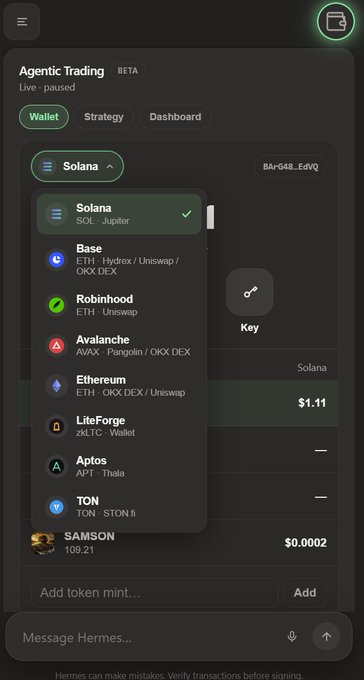 A mobile app screen for 'Agentic Trading BETA' showing a dropdown menu of blockchains including Solana, Base, Robinhood, Avalanche, and Ethereum, alongside wallet tokens like SAMSON at $0.0002.
