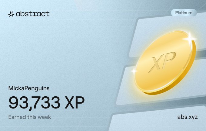 An Abstract platform achievement card showing user 'MickaPenguins' at Platinum tier with 93,733 XP earned this week, featuring a gold XP coin on a light blue background.