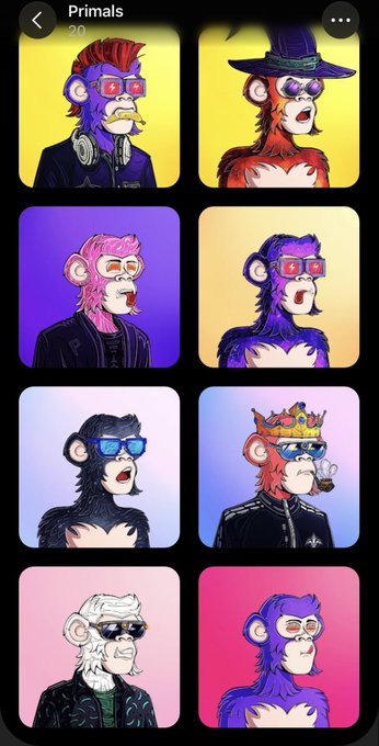 A mobile app screen titled 'Primals' displaying a grid of eight cartoon monkey NFTs, each featuring different colored fur, hairstyles, and accessories like sunglasses and a top hat.