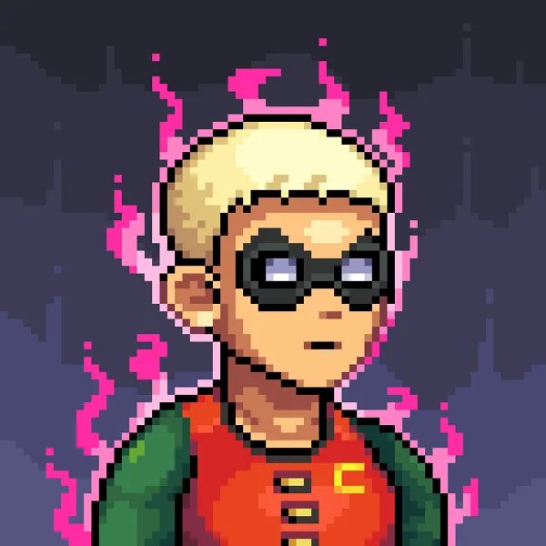Pixel art illustration of a blonde-haired boy with glasses surrounded by pink flames, wearing a red shirt and green jacket.