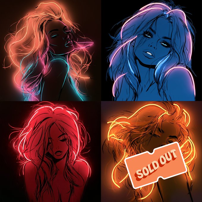 A 2x2 grid of neon-style artistic portraits of a woman, with one panel featuring an orange "SOLD OUT" ticket overlay.