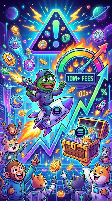 A vibrant illustrated crypto meme featuring a Pepe frog astronaut on a Solana rocket, surrounded by coins, cats, and monkeys with text including '10M+ FEES' and '100x+ PUMP'.