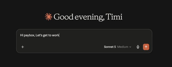 A Claude AI chat interface greets "Timi" with a message reading "Hi paybox, Let's get work," using the Sonnet 5 Medium model. The image appears to be the user's first interaction with the Paybox AI assistant, aligning with their excitement about joining the inaugural Paybox Content Creators class sponsored by MoonPay.