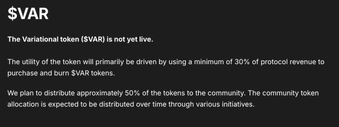 A dark informational slide introduces the $VAR token, stating it is not yet live and detailing that Variational will use a minimum of 30% of protocol revenue to purchase and burn $VAR tokens, with approximately 50% of tokens allocated to the community. The slide directly supports the post's point by visually confirming the pre-TGE buyback-and-burn utility and community distribution plan for $VAR.