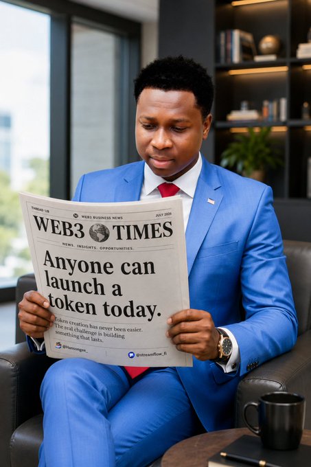 A man in a blue suit and red tie reads a newspaper titled 'WEB3 TIMES' with the headline 'Anyone can launch a token today,' seated in a modern office setting.