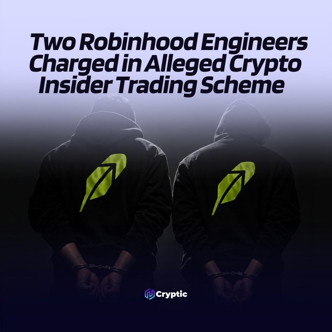 Two hooded figures wearing Robinhood-branded hoodies stand with hands cuffed behind their backs beneath the headline "Two Robinhood Engineers Charged in Alleged Crypto Insider Trading Scheme," visually reinforcing the post about former Robinhood engineers charged with allegedly profiting $50,000+ through insider trading on Hyperliquid perpetual futures ahead of public token-listing announcements.