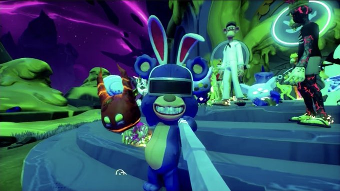 A vibrant game scene features a blue bear character with bunny ears and a VR headset holding a sword, surrounded by other colorful player characters and pets in a mystical landscape.