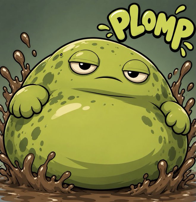 A cartoon green slime creature with half-lidded eyes splashes into mud beneath the bold yellow text "PLOMP," visually embodying the memecoin's name and playful "Spam Drop" promotion of $PLOMP tokens to 3,000 $SOL addresses.