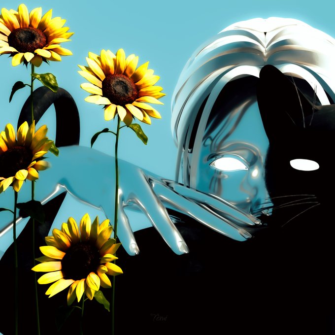 A surreal digital art piece featuring a chrome metallic face with glowing eyes alongside bright yellow sunflowers against a cyan background.