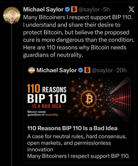A tweet by Michael Saylor (@saylor) stating "Many Bitcoiners I respect support BIP 110... the proposed cure is more dangerous than the condition. Here are 110 reasons why Bitcoin needs guardians of neutrality," linking to an article titled "110 Reasons BIP 110 Is a Bad Idea."