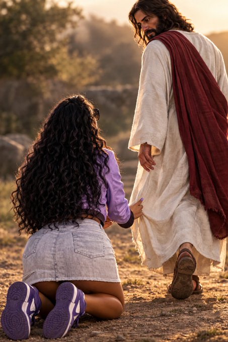 A woman with long curly dark hair kneels on the ground reaching toward a figure resembling Jesus in a white robe with a red sash.