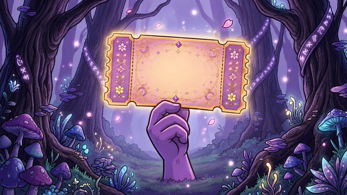 Fantasy illustration of a purple hand holding a glowing ornate ticket in a magical purple forest with glowing mushrooms, runes, and sparkles.