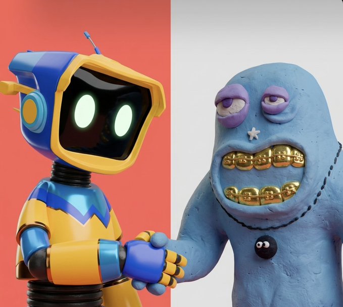 A friendly blue and yellow robot shakes hands with a blue clay-like creature sporting gold grillz, illustrating the collaboration between Blokyz and t00ns NFT collections being launched on a blockchain.
