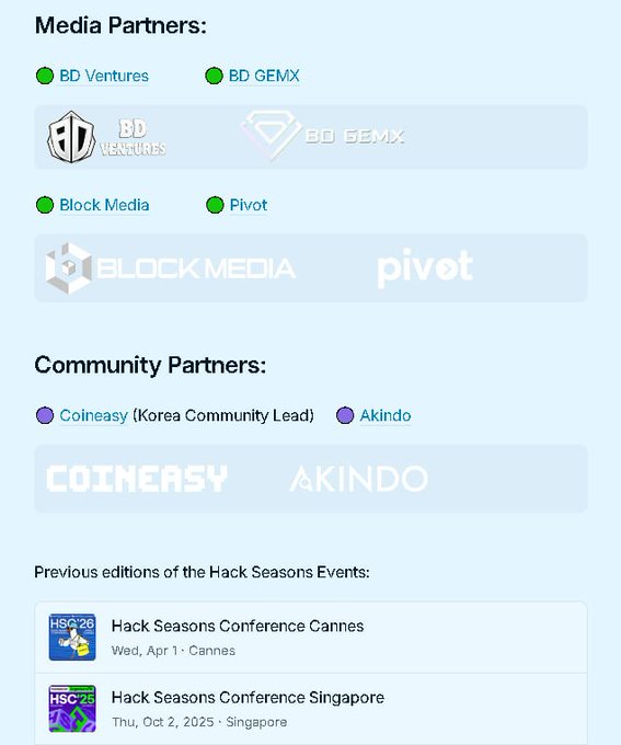 The image displays a list of Media Partners and Community Partners for the Hack Seasons Conference Seoul, featuring logos and names including BD Ventures, BD GEMX, Block Media, Pivot, Coineasy (Korea Community Lead), and Akindo, along with previous editions of the event such as Hack Seasons Conference Cannes (Apr 1) and Singapore (Oct 2, 2025). This aligns with the post by highlighting BD GEMX's role as an official Media Partner of the HSC Conference Seoul.