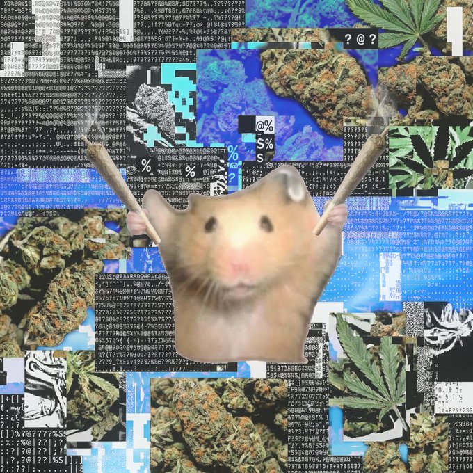 A chaotic digital collage featuring a frog wearing a VR headset holding rolling papers, surrounded by cannabis buds, glitchy text, and pixel art.