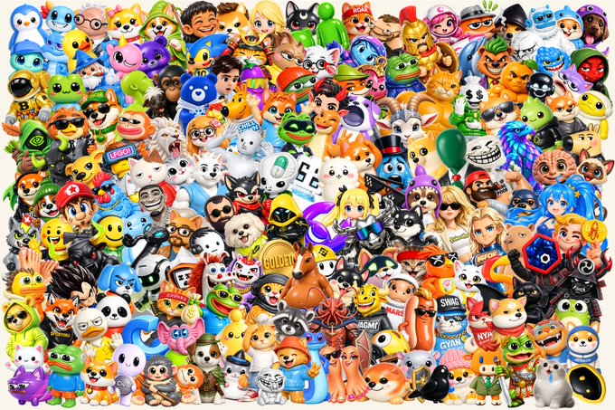 A dense collage featuring dozens of cartoon characters, video game icons, and pop culture figures packed together on a white background.